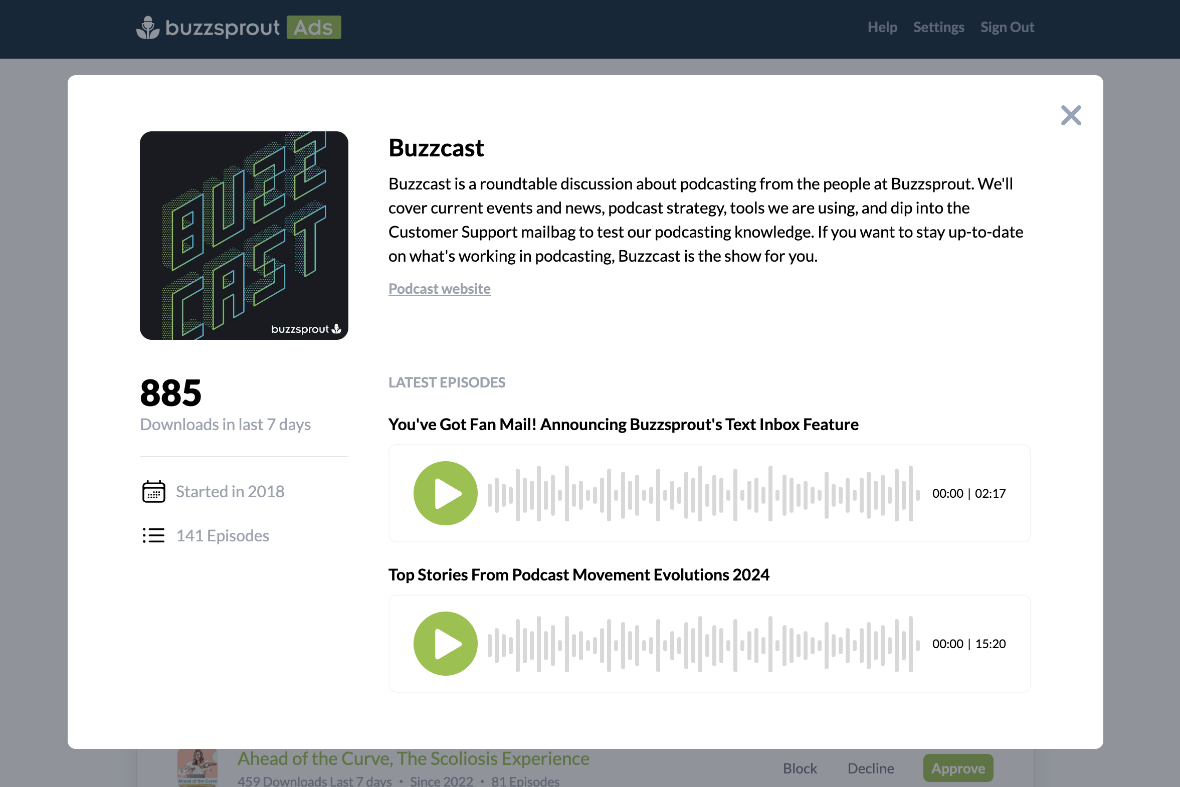 Vetting a single podcast in Buzzsprout Ads