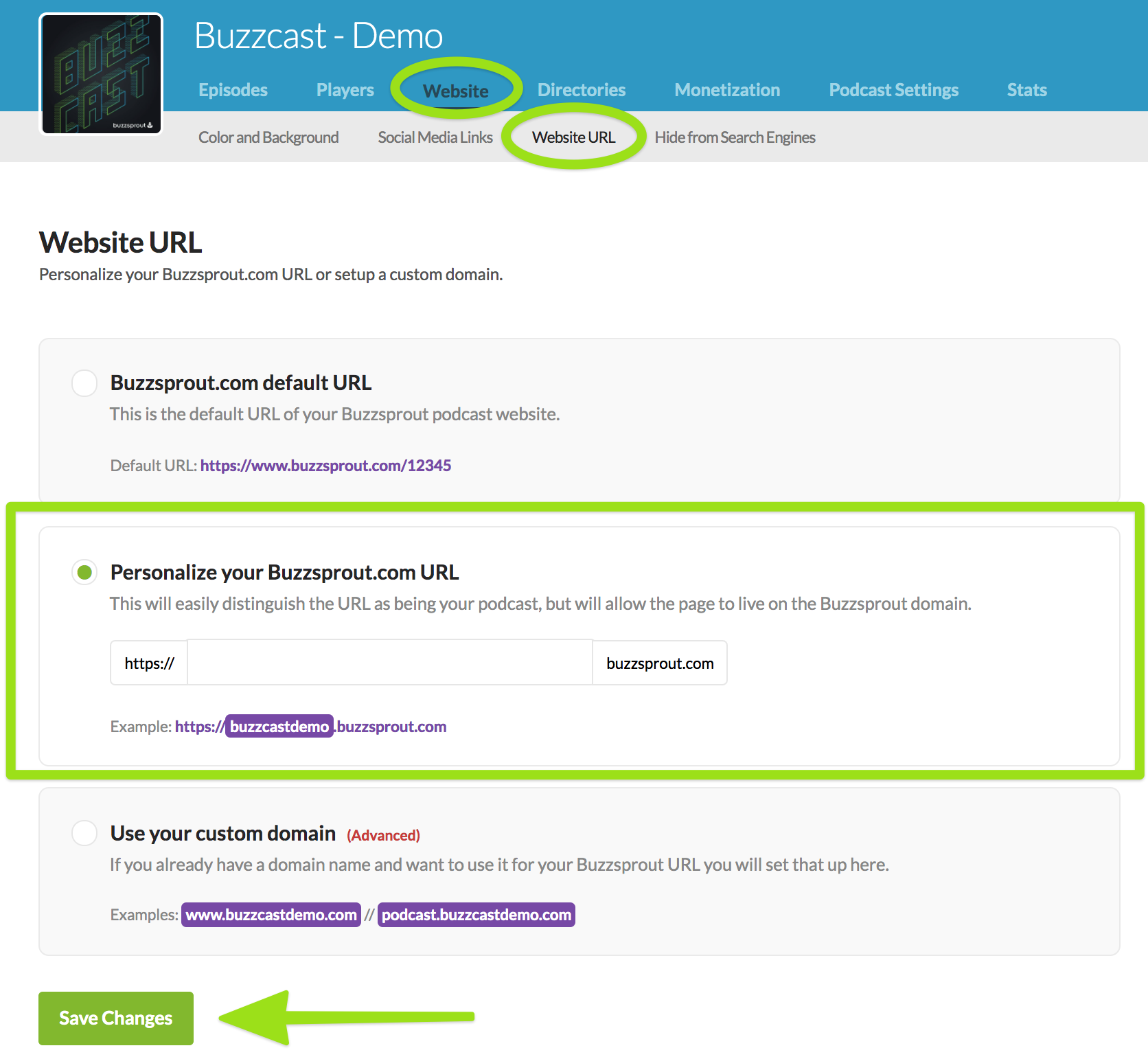 Screenshot of website url page, highlighting personalized URL field
